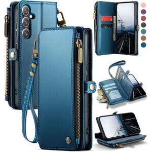 Wallet Case for Samsung Galaxy S24: RFID Blocking, Zipper & Wrist Strap - Blue